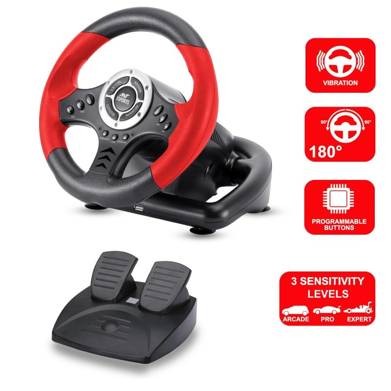 Ant Esports GW170 Racing Steering Wheel with Pedals, 180° Rotation, Compact USB Gaming Wheel (Red/Black)
