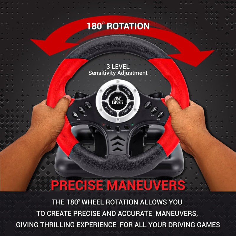 Ant Esports GW170 Racing Steering Wheel with Pedals, 180° Rotation, Compact USB Gaming Wheel (Red/Black)