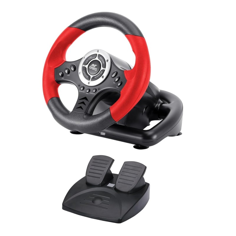 Ant Esports GW170 Racing Steering Wheel with Pedals, 180° Rotation, Compact USB Gaming Wheel (Red/Black)