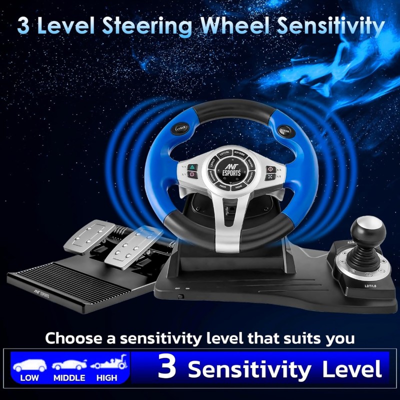 Ant Esports GW185 Racing Wheel 270 Degree Universal USB Powered Car Sim Game Steering Wheel with Gear Shifter and Pedals for PC,Xbox One, PS3, PS4, Switch, Android TV_ Black Blue
