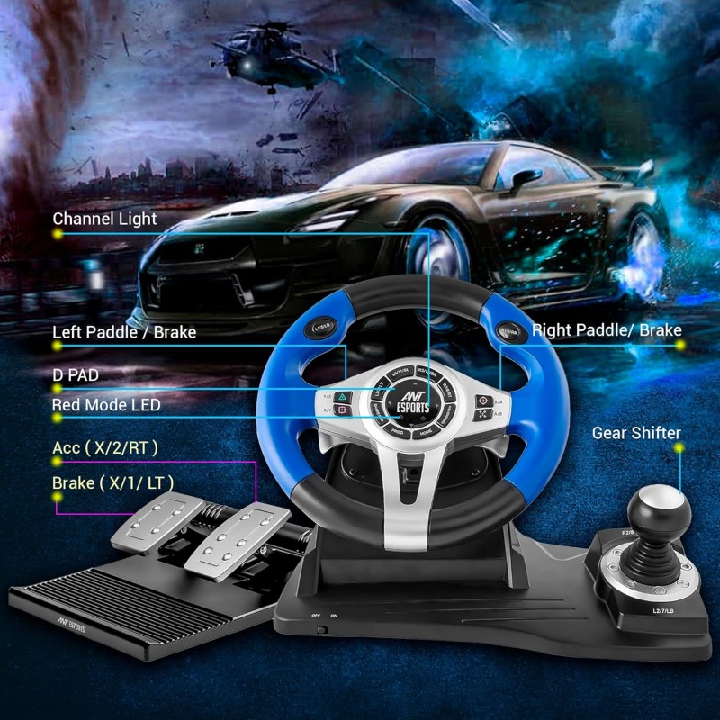 Ant Esports GW185 Racing Wheel 270 Degree Universal USB Powered Car Sim Game Steering Wheel with Gear Shifter and Pedals for PC,Xbox One, PS3, PS4, Switch, Android TV_ Black Blue