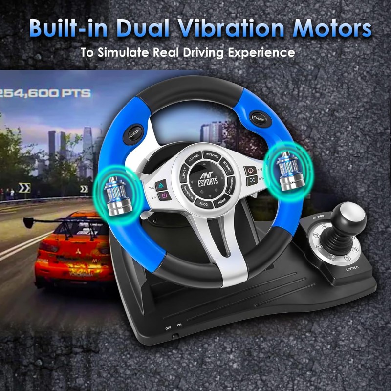 Ant Esports GW185 Racing Wheel 270 Degree Universal USB Powered Car Sim Game Steering Wheel with Gear Shifter and Pedals for PC,Xbox One, PS3, PS4, Switch, Android TV_ Black Blue