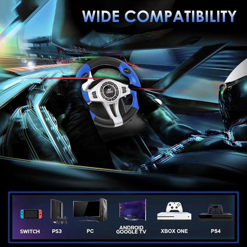 Ant Esports GW185 Racing Wheel 270 Degree Universal USB Powered Car Sim Game Steering Wheel with Gear Shifter and Pedals for PC,Xbox One, PS3, PS4, Switch, Android TV_ Black Blue