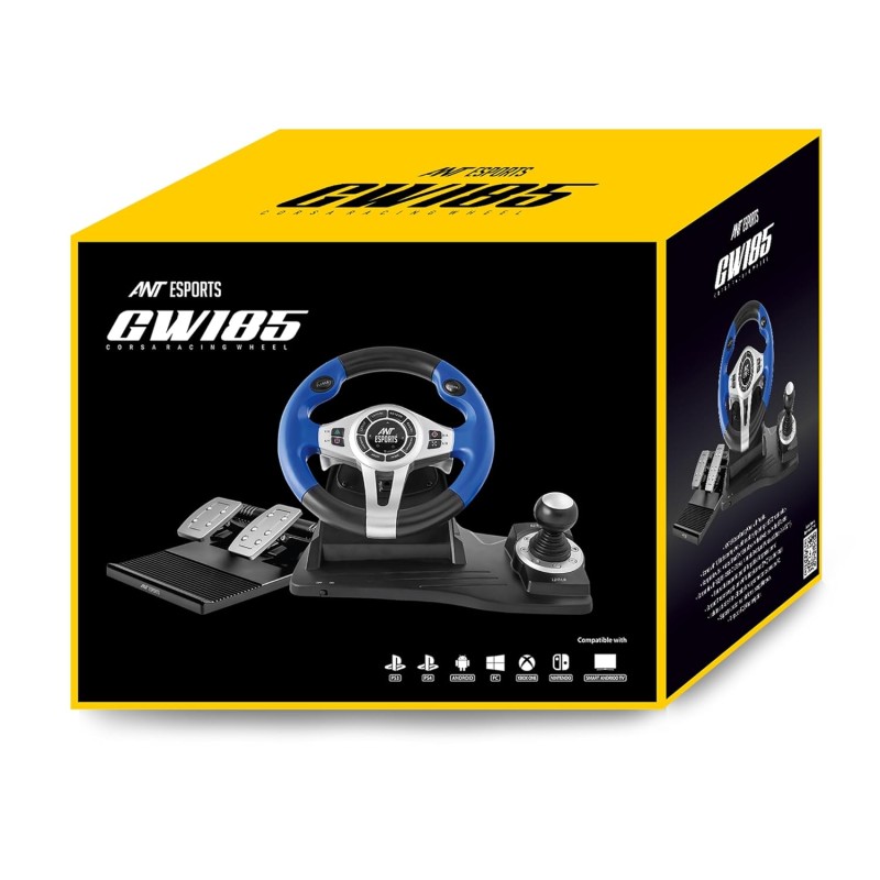Ant Esports GW185 Racing Wheel 270 Degree Universal USB Powered Car Sim Game Steering Wheel with Gear Shifter and Pedals for PC,Xbox One, PS3, PS4, Switch, Android TV_ Black Blue