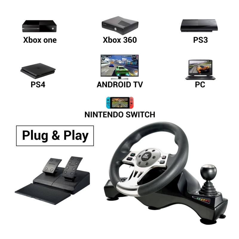 Ant Esports GW190 Race Steering Wheel, Universal USB I 270 Degree rotation with 2 Large Pedals and Shifter Compatible for PC, Xbox One,Xbox Series X/S,PS4,PS3,Nintendo Switch& Android TV–Black Silver