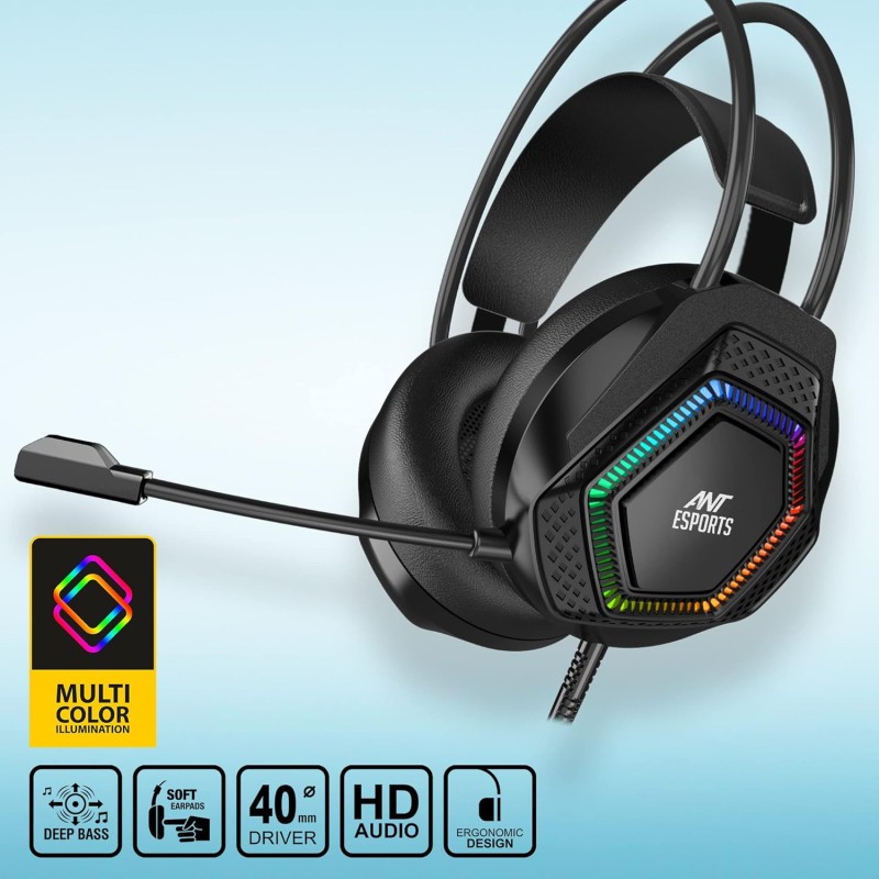 Ant Esports H560 Lightweight RGB Gaming Over Ear Wired Headphones with Mic|3.5MM Jack| Deep Bass| 40 MM Drivers | Compatible with PC/ PS4 / Xbox One/Nintendo/Mobile (Black)