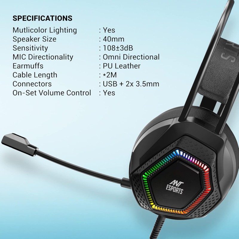 Ant Esports H560 Lightweight RGB Gaming Over Ear Wired Headphones with Mic|3.5MM Jack| Deep Bass| 40 MM Drivers | Compatible with PC/ PS4 / Xbox One/Nintendo/Mobile (Black)