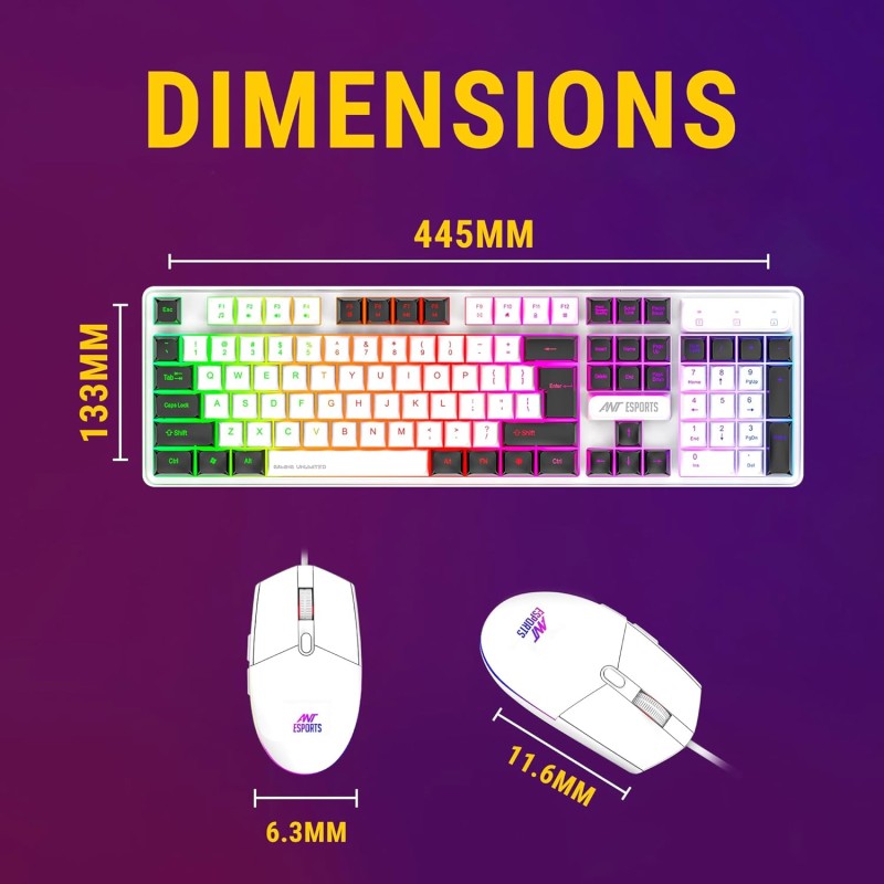 Ant Esports KM1610 LED Gaming Keyboard and Mouse Combo, 104 Keys Rainbow Backlit Keyboard and 7 Colour RGB Mouse White