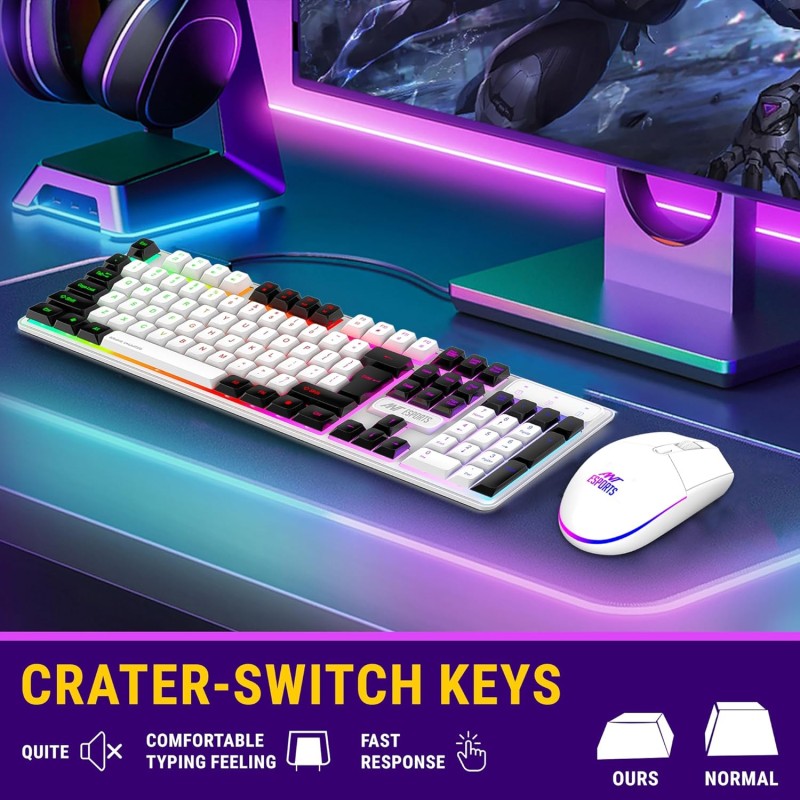 Ant Esports KM1610 LED Gaming Keyboard and Mouse Combo, 104 Keys Rainbow Backlit Keyboard and 7 Colour RGB Mouse White