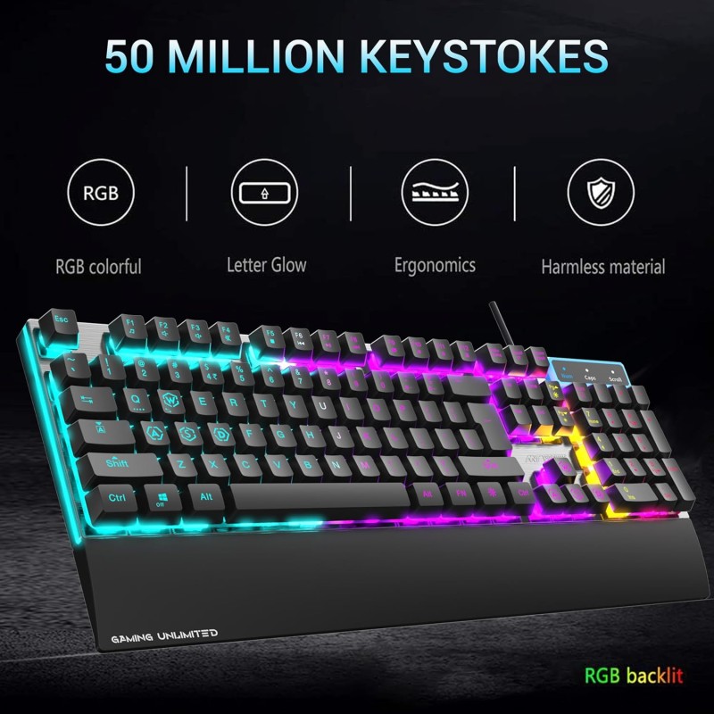 Ant Esports KM540 Gaming Keyboard and Mouse Combo,Rainbow Backlit LED Wired Keyboard with Wrist Rest,Programmable Laptop,Mac – Black
