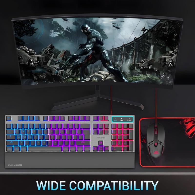 Ant Esports KM540 Gaming Keyboard and Mouse Combo,Rainbow Backlit LED Wired Keyboard with Wrist Rest,Programmable Laptop,Mac – Black