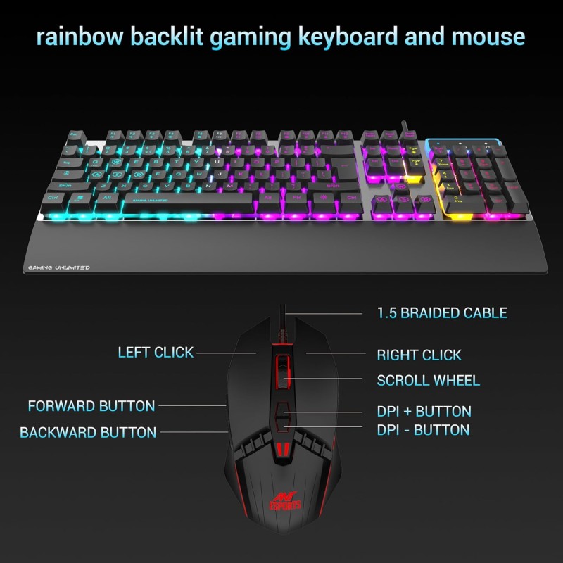 Ant Esports KM540 Gaming Keyboard and Mouse Combo,Rainbow Backlit LED Wired Keyboard with Wrist Rest,Programmable Laptop,Mac – Black