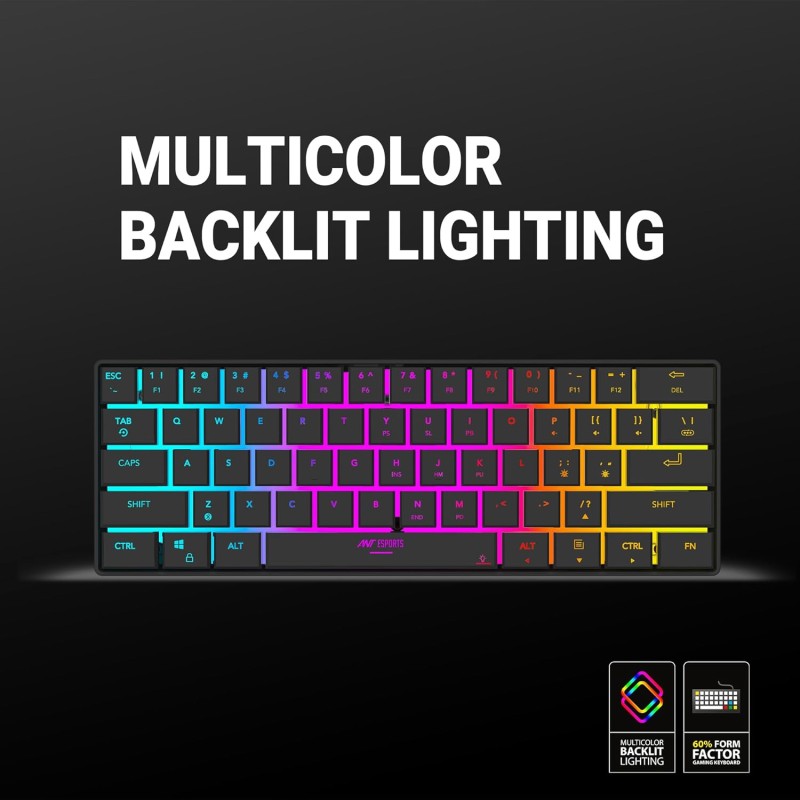 Ant Esports MK1500 BT Mini 60% Pro RGB Wireless Gaming Keyboard with Membrane Switches for PC/Mobile/Tablets/Laptop/TV's- Black.