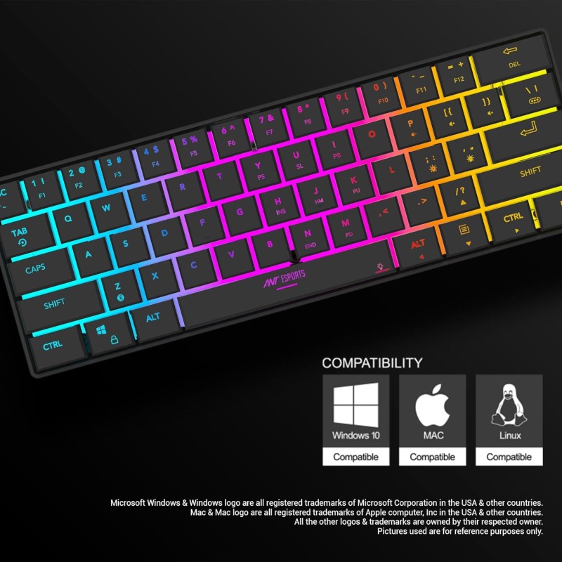 Ant Esports MK1500 BT Mini 60% Pro RGB Wireless Gaming Keyboard with Membrane Switches for PC/Mobile/Tablets/Laptop/TV's- Black.