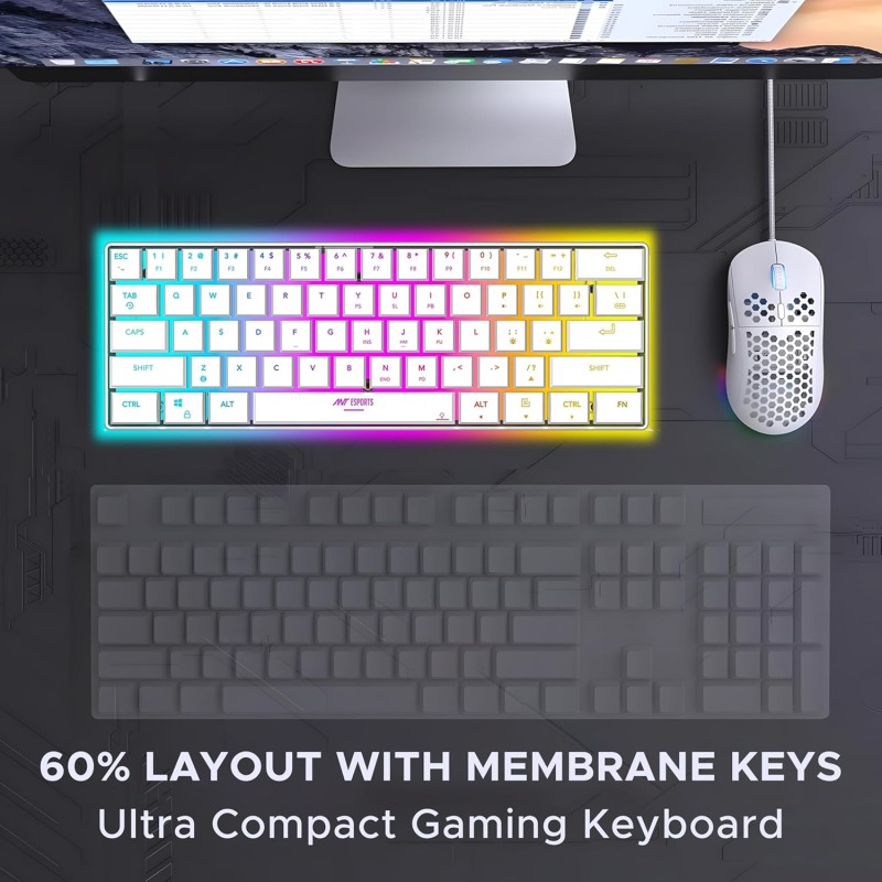 Ant Esports MK1500 Mini 60% Pro RGB Wireless Gaming Keyboard with Membrane Switches for PC / Mobile / Tablets / Laptop / TV's- White