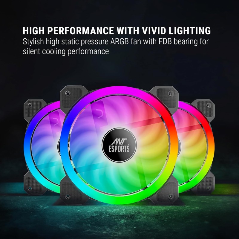 Ant Esports Superflow 120mm 3 IN 1 ARGB Three Dual-Sided ARGB ring light PWM Case Fan Kit - Black, 45.3 CFM Airflow, 1500 RPM