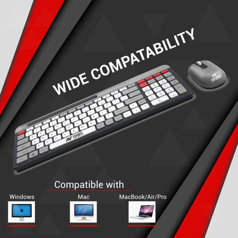 Ant Esports WKM22 Wireless Keyboard and Mouse with Phone Holder USB A & Type C Receiver, Keyboard and Mouse for Windows, Mac, MacBook/Air/Pro Computer – Grey