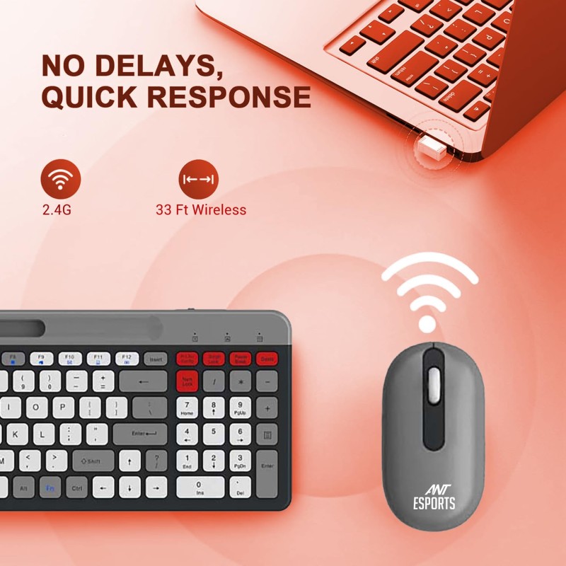 Ant Esports WKM22 Wireless Keyboard and Mouse with Phone Holder USB A & Type C Receiver, Keyboard and Mouse for Windows, Mac, MacBook/Air/Pro Computer – Grey