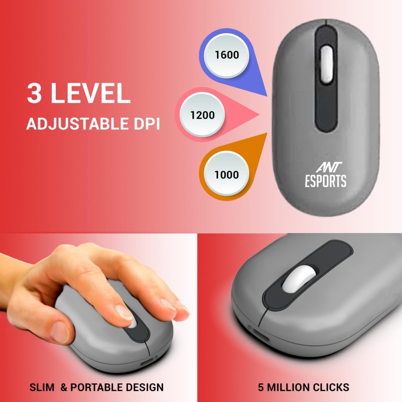 Ant Esports WKM22 Wireless Keyboard and Mouse with Phone Holder USB A & Type C Receiver, Keyboard and Mouse for Windows, Mac, MacBook/Air/Pro Computer – Grey
