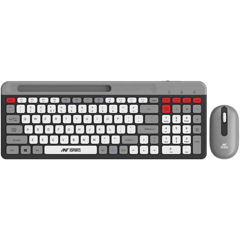 Ant Esports WKM22 Wireless Keyboard and Mouse with Phone Holder USB A & Type C Receiver, Keyboard and Mouse for Windows, Mac, MacBook/Air/Pro Computer – Grey