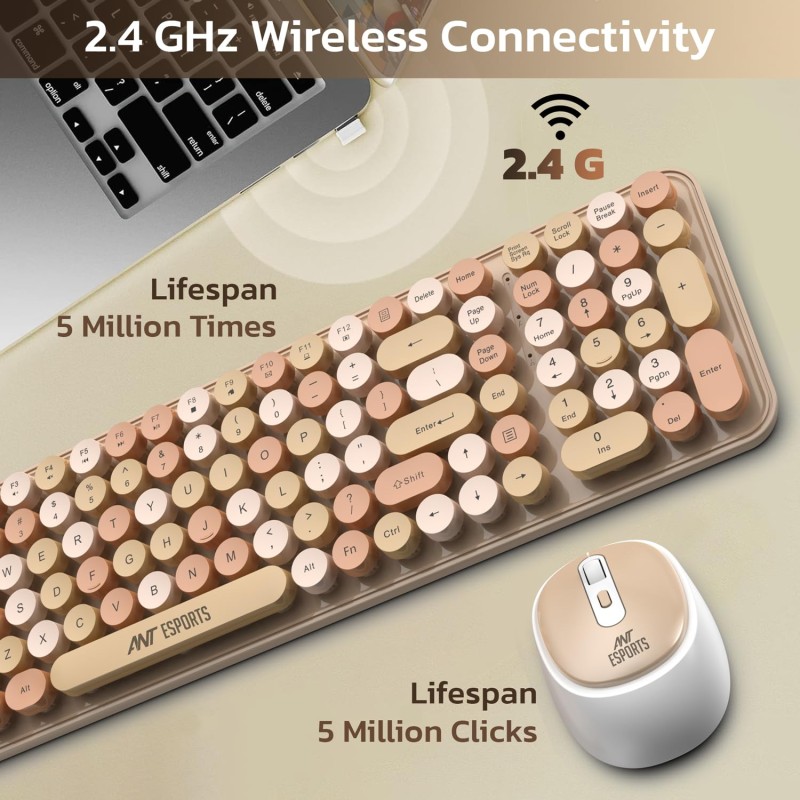 Ant Esports WKM44 Keyboard and Mouse Combo, Colourful Wireless Keyboard with Round Keycaps,2.4GHz Dropout-Free Connection Candy Brown