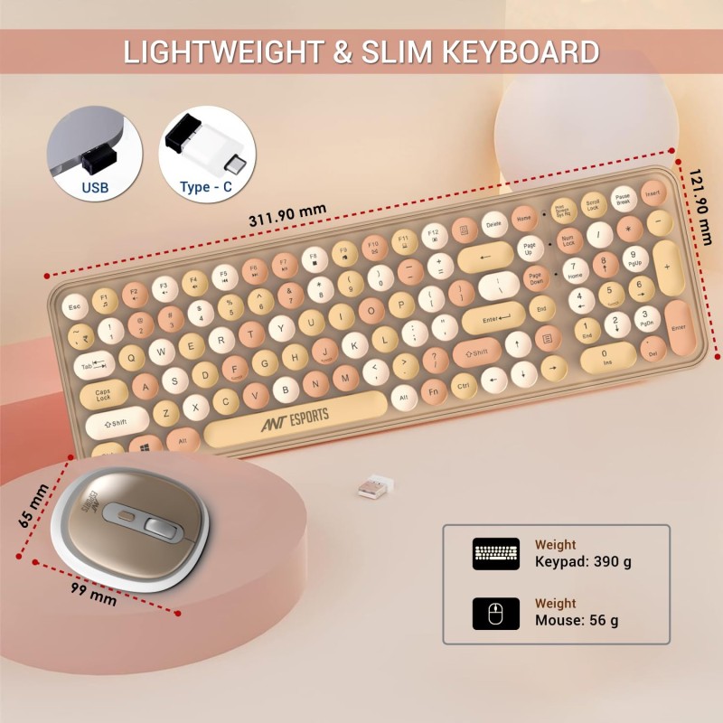 Ant Esports WKM44 Keyboard and Mouse Combo, Colourful Wireless Keyboard with Round Keycaps,2.4GHz Dropout-Free Connection Candy Brown