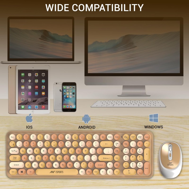 Ant Esports WKM44 Keyboard and Mouse Combo, Colourful Wireless Keyboard with Round Keycaps,2.4GHz Dropout-Free Connection Candy Brown