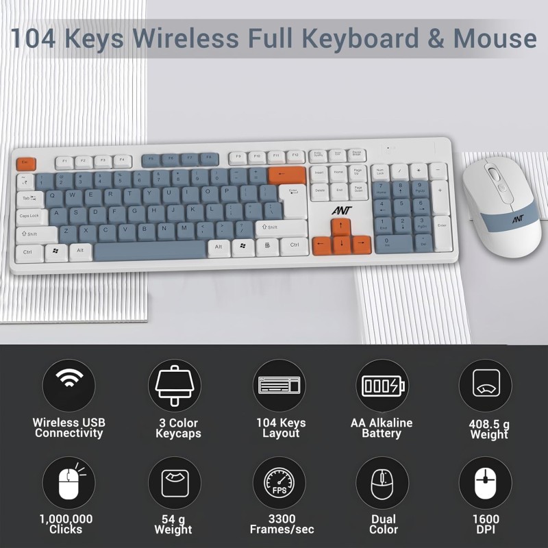 Ant Master 30 Pro Wireless Combo Keyboard & Mouse Set |104-Key Membrane Keyboard |Adjustable DPI Upto 1600 Mouse White Grey