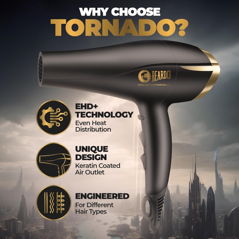 BEARDO Studio Professional Tornado Hair Dryer With 2000 Watts Power|Ac Motor, Concentrator Black