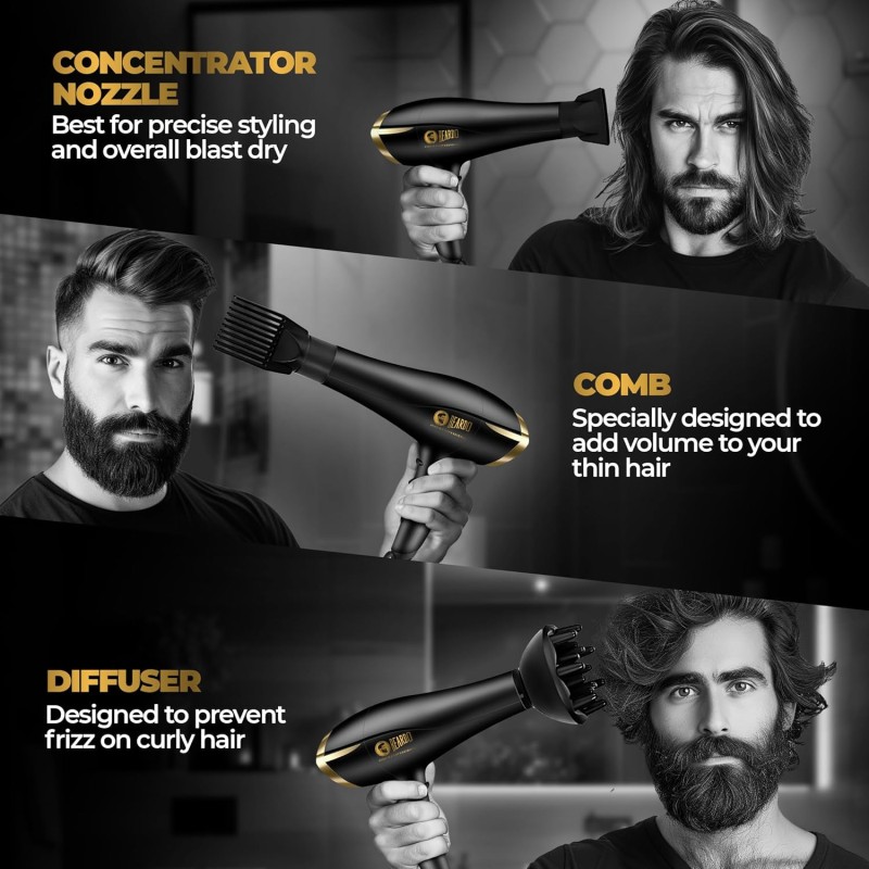 BEARDO Studio Professional Tornado Hair Dryer With 2000 Watts Power|Ac Motor, Concentrator Black