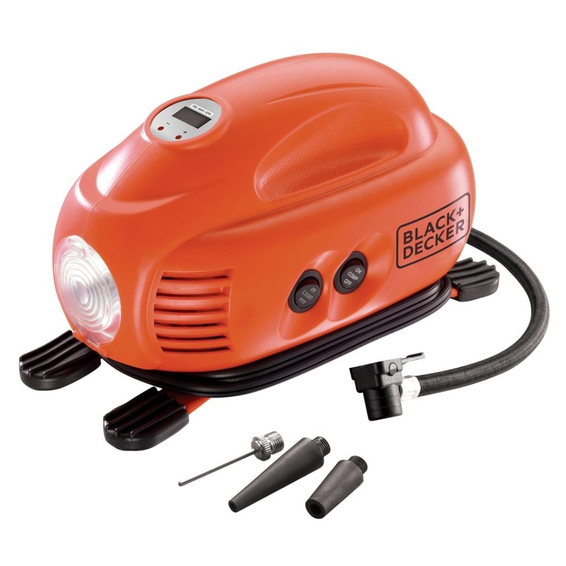 BLACK + DECKER ASI200-XJ Tyre Inflator, 8.27 bar / 120 PSI Compressor with 12 V Cigarette Lighter Socket Digital Display Automatic