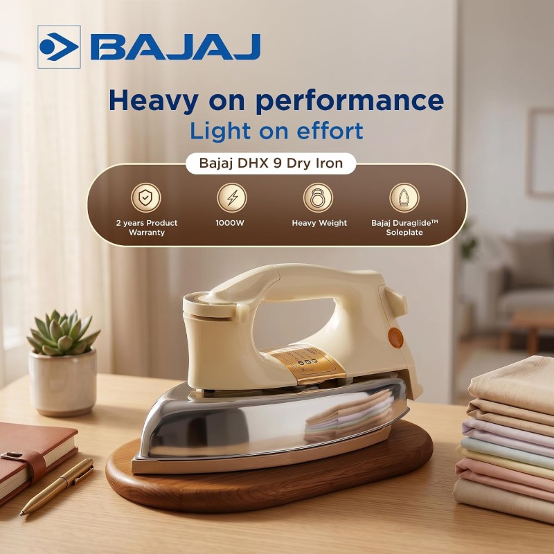 Bajaj DHX-9 1000W Heavy Weight Dry Iron | Advance Soleplate And Anti-Bacterial German Coating Technology【Ivory】