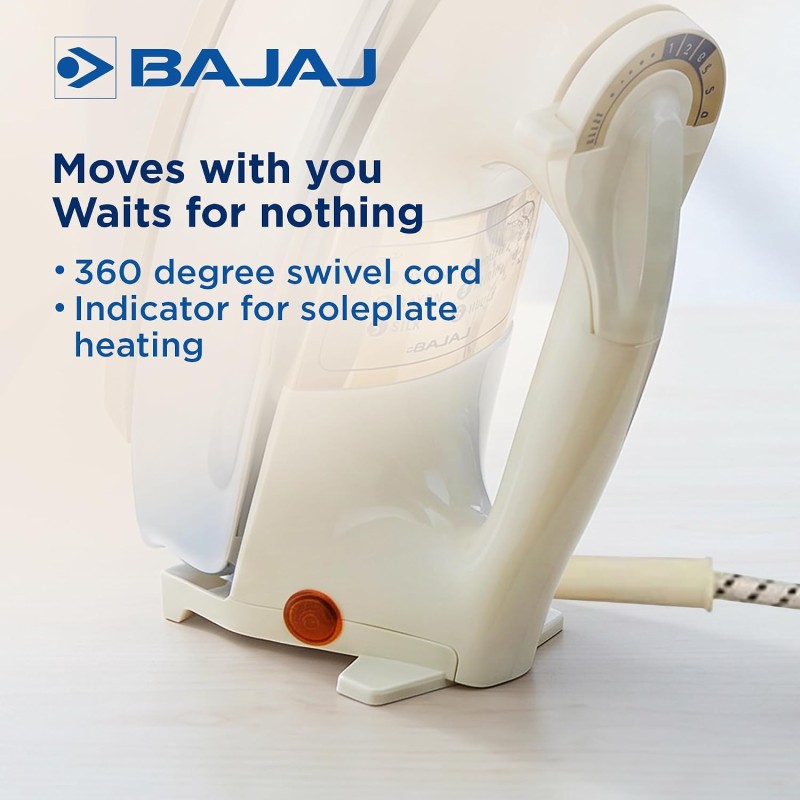 Bajaj DHX-9 1000W Heavy Weight Dry Iron | Advance Soleplate And Anti-Bacterial German Coating Technology【Ivory】