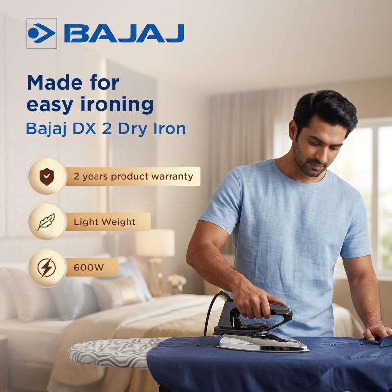 Bajaj DX-2 600W Dry Iron | Advance Soleplate And Anti-Bacterial German Coating Technology | 180 Degree Swivel Cord【Black】
