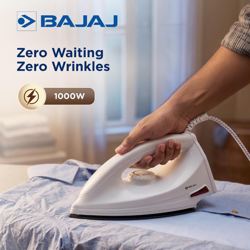 Bajaj DX-6 1000 Watts Dry Iron | Advance Soleplate And Anti-Bacterial German Coating Technology | Thermol Fuse Safety【White】
