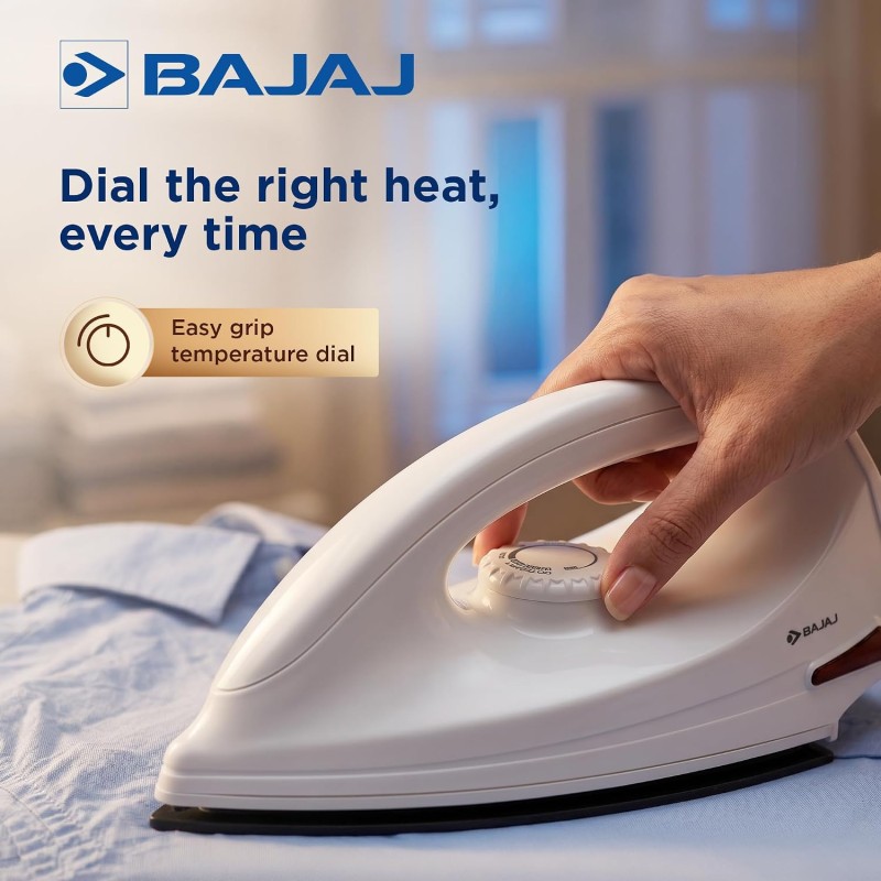 Bajaj DX-6 1000 Watts Dry Iron | Advance Soleplate And Anti-Bacterial German Coating Technology | Thermol Fuse Safety【White】