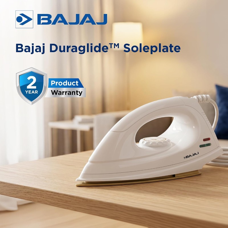 Bajaj DX-7 1000 Watts Dry Iron | Advance Soleplate And Anti-Bacterial German Coating Technology | Light Weight Iron【White】