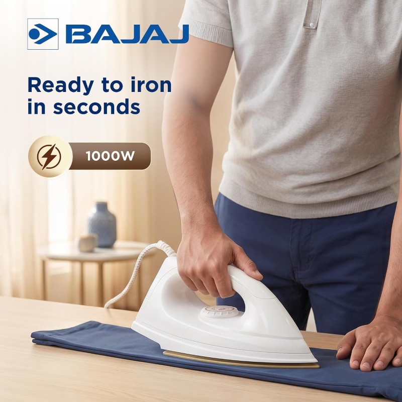Bajaj DX-7 1000 Watts Dry Iron | Advance Soleplate And Anti-Bacterial German Coating Technology | Light Weight Iron【White】
