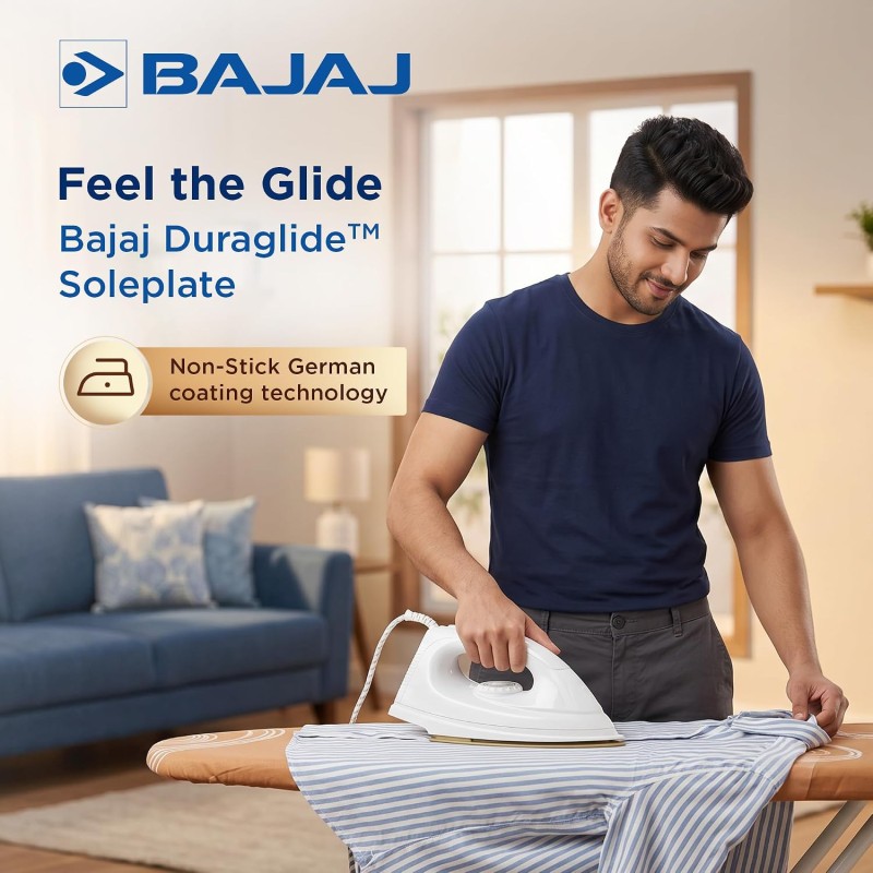Bajaj DX-7 1000 Watts Dry Iron | Advance Soleplate And Anti-Bacterial German Coating Technology | Light Weight Iron【White】
