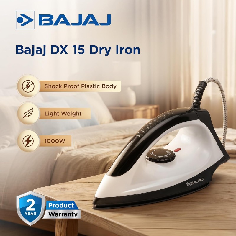Bajaj Dry Iron DX 15 1000 Watts | Duraglide soleplate with PTFE coating | Cool touch body | 360° Swivel Cord Black & White
