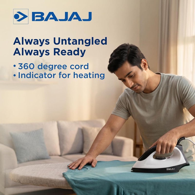 Bajaj Dry Iron DX 15 1000 Watts | Duraglide soleplate with PTFE coating | Cool touch body | 360° Swivel Cord Black & White