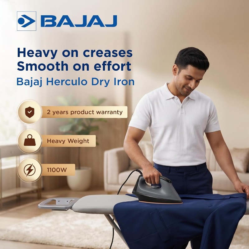 Bajaj Herculo Heavy Weight Dry Iron | 1100 Watts Heavy Weight Dry Iron | Duraglide Soleplate | Anti-Bacterial & Non-Stick Coating Black & Grey, Aluminium