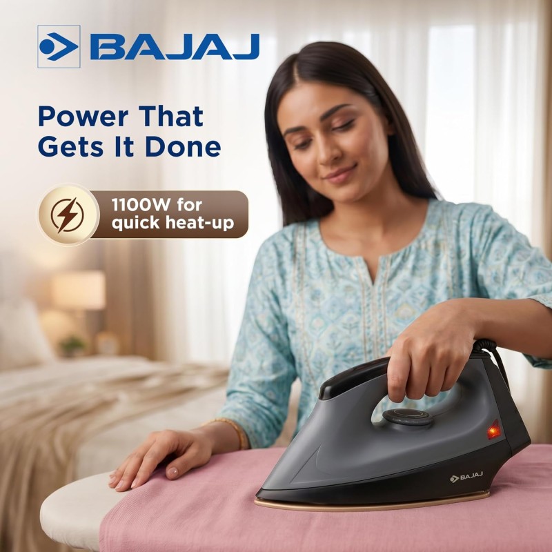 Bajaj Herculo Heavy Weight Dry Iron | 1100 Watts Heavy Weight Dry Iron | Duraglide Soleplate | Anti-Bacterial & Non-Stick Coating Black & Grey, Aluminium