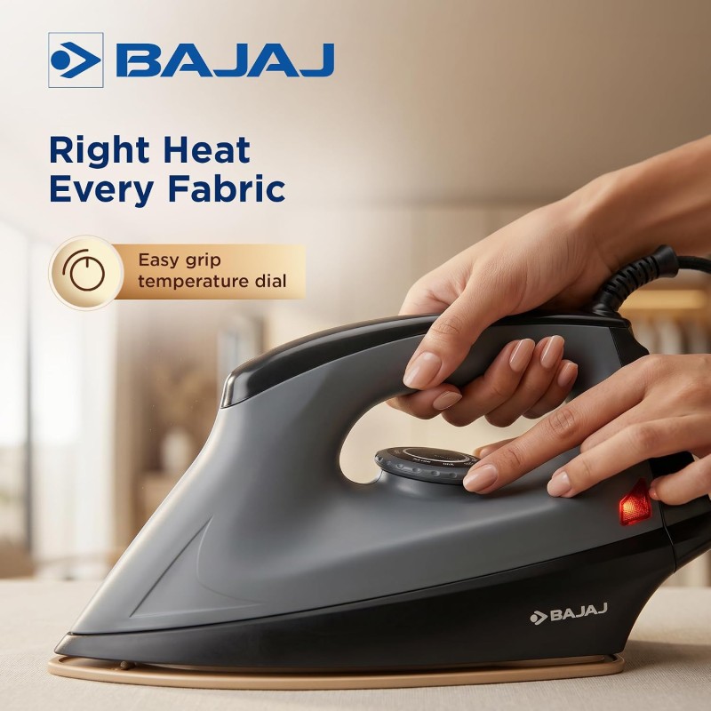 Bajaj Herculo Heavy Weight Dry Iron | 1100 Watts Heavy Weight Dry Iron | Duraglide Soleplate | Anti-Bacterial & Non-Stick Coating Black & Grey, Aluminium