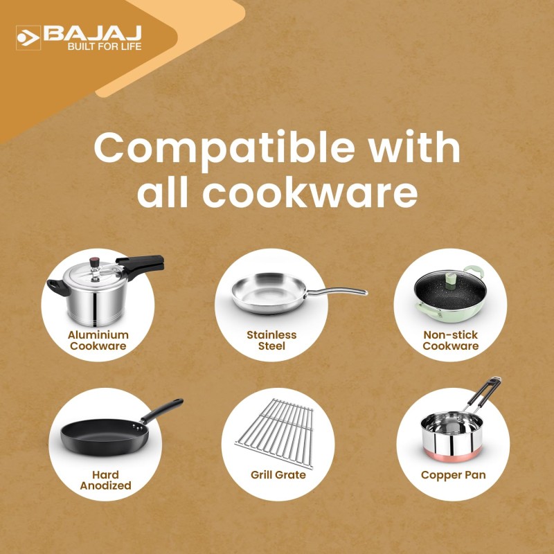 Bajaj IRX 220F Infrared Induction Cooktop | 2200 Watts | 11 Power Level | 3 Preset Menu | Feather Touch Controls | Digital display【Black/Silver】