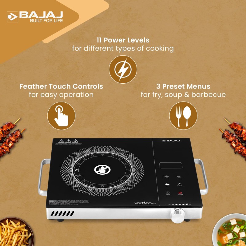 Bajaj IRX 220F Infrared Induction Cooktop | 2200 Watts | 11 Power Level | 3 Preset Menu | Feather Touch Controls | Digital display【Black/Silver】