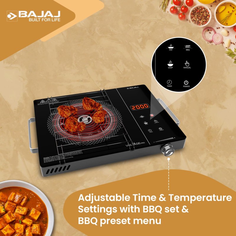 Bajaj IRX 220F Infrared Induction Cooktop | 2200 Watts | 11 Power Level | 3 Preset Menu | Feather Touch Controls | Digital display【Black/Silver】