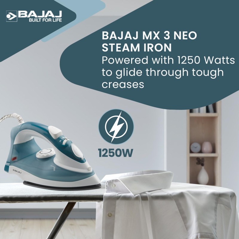 Bajaj MX 3 Neo Steam Iron | 1250 Watts Power For Faster Ironing | Vertical & Horizontal Ironing | Spray Function【Blue】