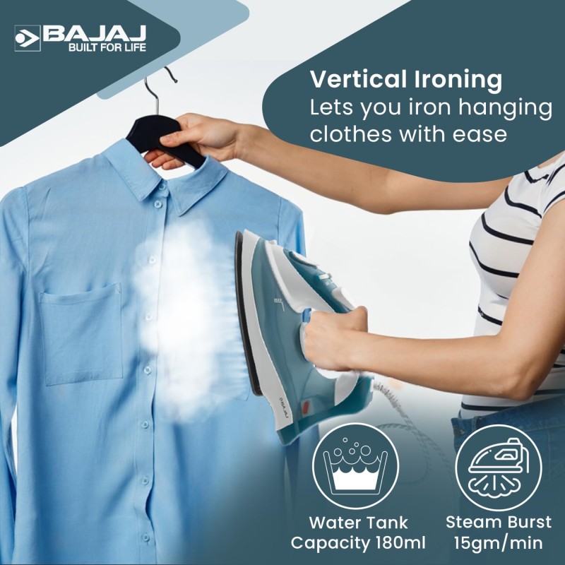 Bajaj MX 3 Neo Steam Iron | 1250 Watts Power For Faster Ironing | Vertical & Horizontal Ironing | Spray Function【Blue】