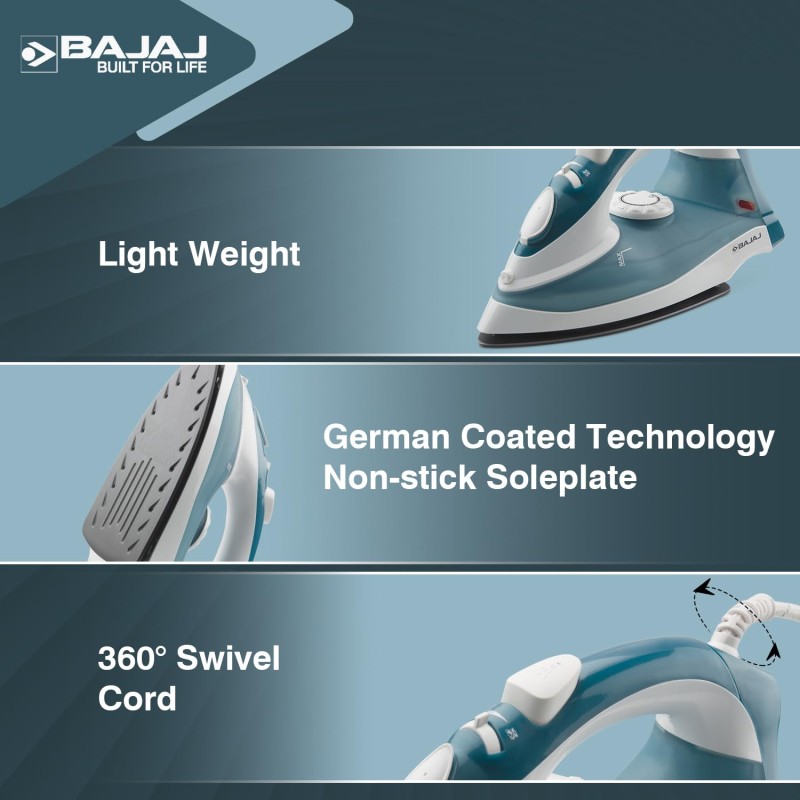 Bajaj MX 3 Neo Steam Iron | 1250 Watts Power For Faster Ironing | Vertical & Horizontal Ironing | Spray Function【Blue】